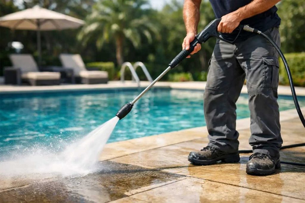 Pool deck surface with slippery buildup removed